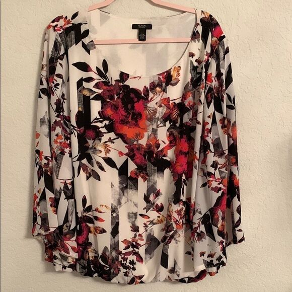 Alfani Floral White Pink Blouse Flared Sleeve Scoop Neck Size 22W - Picture 1 of 10